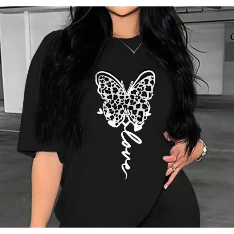 T-shirt da donna con stampa farfalla e leopardo, semplice maglietta con stampa leopardata, casual e versatile, girocollo, maniche corte. Top Y2K