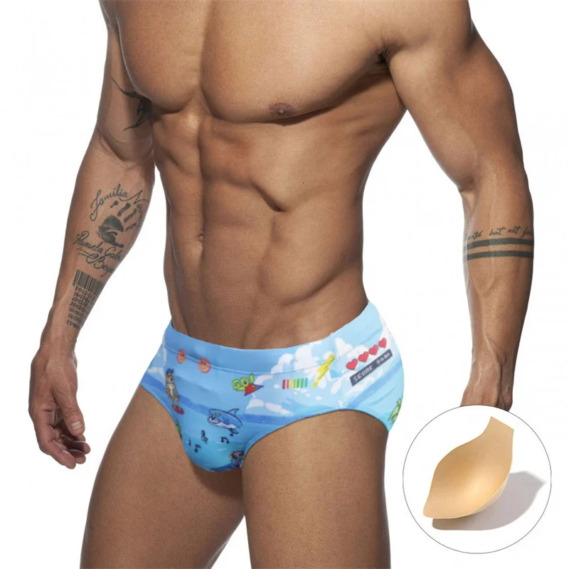 Sexy Underwear Men Briefs Swimming Trunks Printed Triangle Swimming Trunks with Cups Three-dimensional Beachwear Men