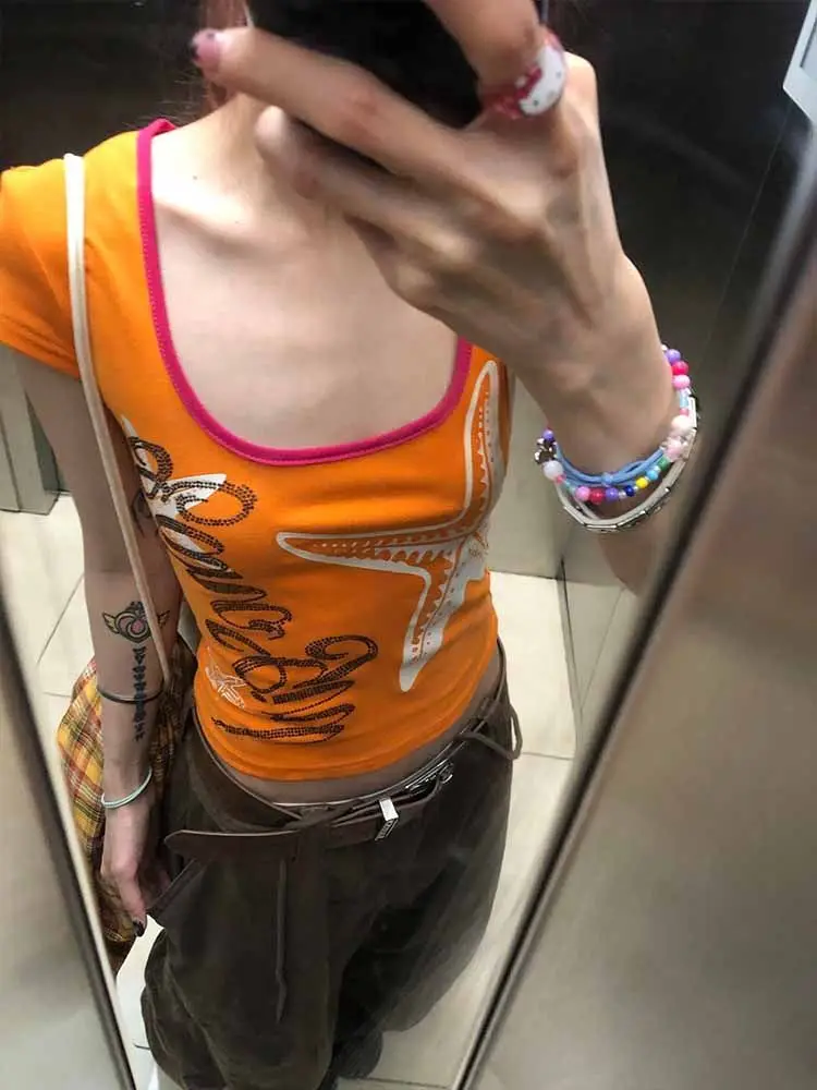 HOUZHOU Y2k Harajuku T Shirts Women Vintage Spicy Girl Orange Crop Tops American Retro 2000s Slim Short Sleeve Graphic T-Shirt - view 6
