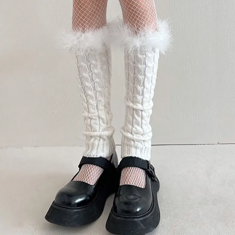 Women Girls Harajuku Y2K Fur Winter Furry Knit Leg Warmer Feather Stockings Gothic Lolita Cosplay Warm Boots Xmas Leg Warmers