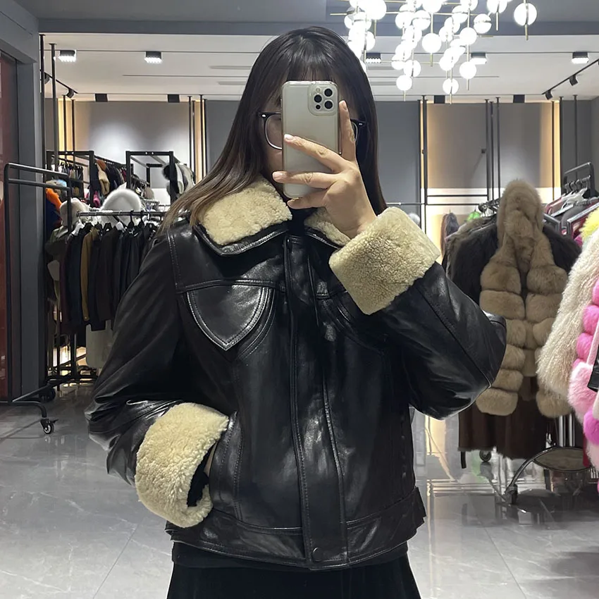 JANEFUR レディース 本革ジャケット ショートダウンジャケット ラムズウール襟付き 暖かい冬コート JFB8-25002