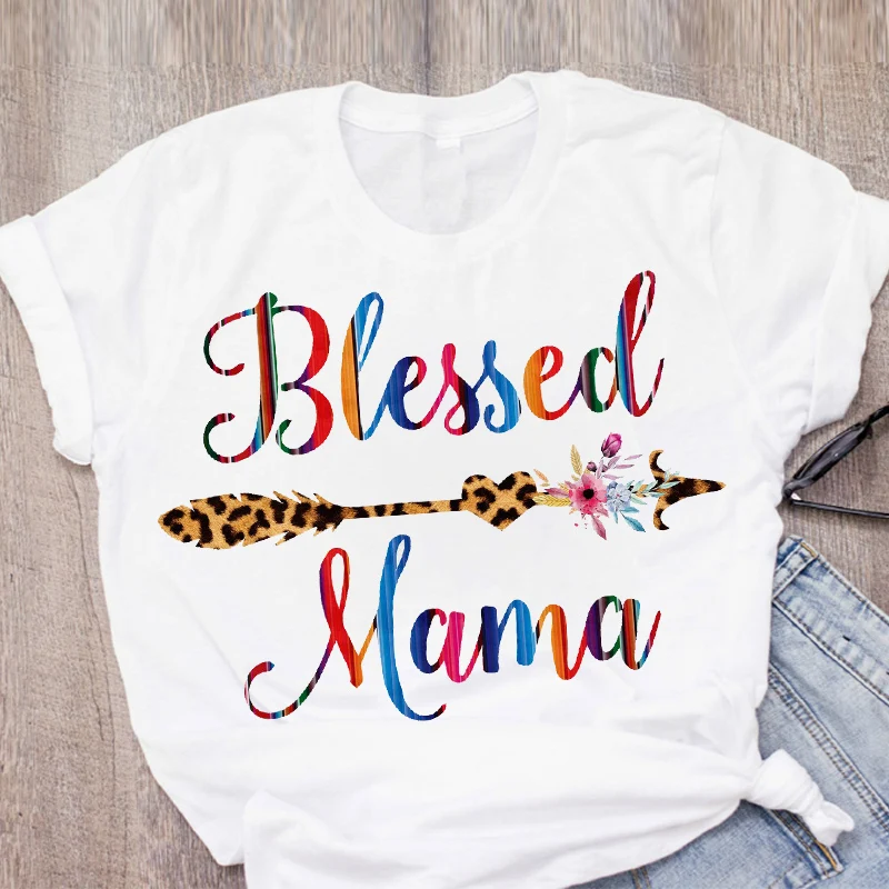 

Women Mom Life Leopard Arrow Blessed Mother Short Sleeve Summer Lady Womens Clothing Tops T-Shirt Shirt Tees Female T Shirt