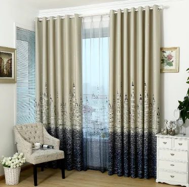 Nordic Light Luxury Style Beige Blue Printed Castle Childlike Curtains Living Room Bedroom Balcony Blackout Curtains