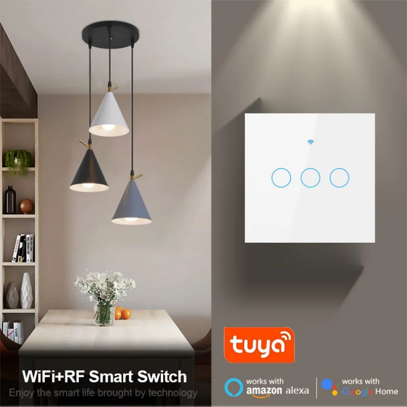 Tuya WiFi Touch Smart Switch Light Without No Neutral Wire Glass Wall EU 110V-220V On Off 1/2/3/4 Gang For Alexa Google