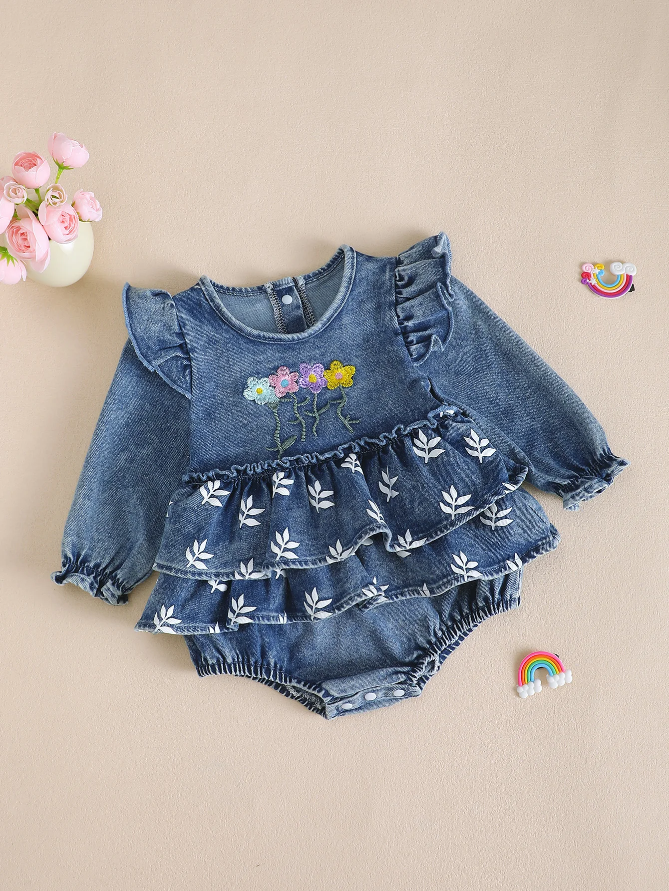 Autumn Winter Baby Girl's Long Sleeve Denim Dress Embroidered Floral Pattern Toddler Kids Clothing