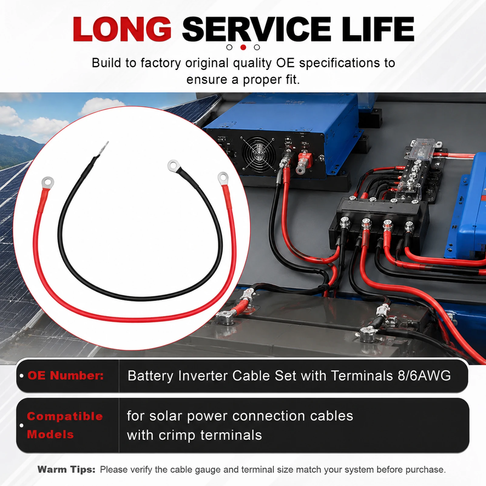 Battery Inverter Cable Set 8/6AWG with Terminals Stranded Copper Cord Solar Power Connection Wire with Lug