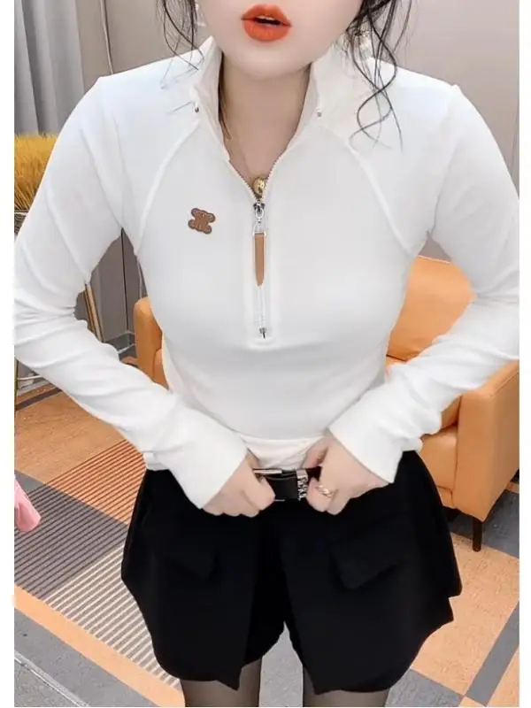 슬림핏 지퍼 롱 슬리브 티셔츠 여성 캐주얼 베이직 티셔츠 봄 가을 겨울 신상 출퇴근룩 한국 버전