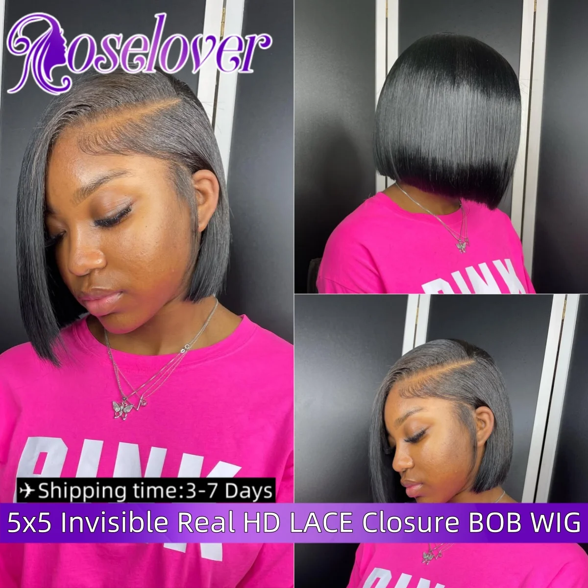 

ROSELOVER 16Inch 5x5 Invisible Real HD Lace Closure Wig Wear to Go Glueless Straight Virgin Hair 250% Density for Black Woman