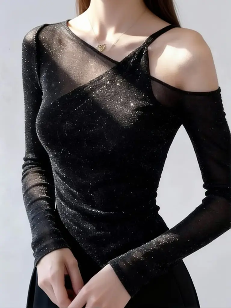 Fake Two-Piece Bling Sequin Tops Layered Tees Women Long Sleeve Off Shoulder T-Shirt Ladies Sexy Mesh Top Basic