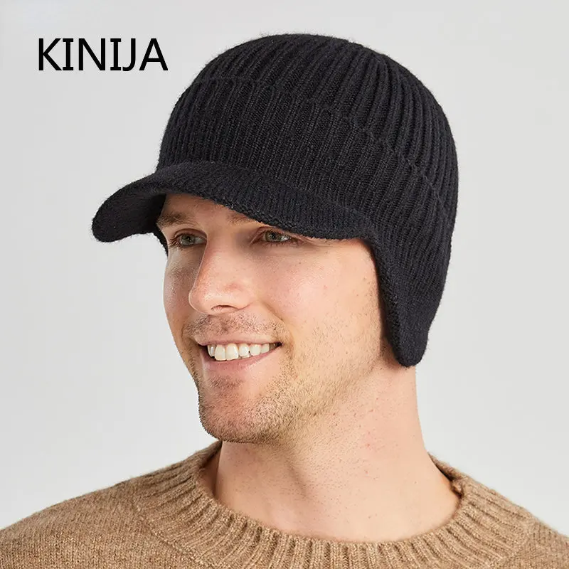 Men Winter Knitted Ear Protection Cap Wool Beanies Bonnet Earflap Hat Short Brim Outdoor Cycling Ski Warm Cap 2021 Caps for Men