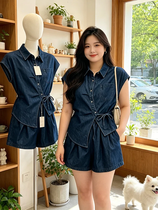 

Fashionable Summer New plus Size Women's Clothing Set with Tie Design Denim Short Sleeve Top And Shorts Two Piece Suit
