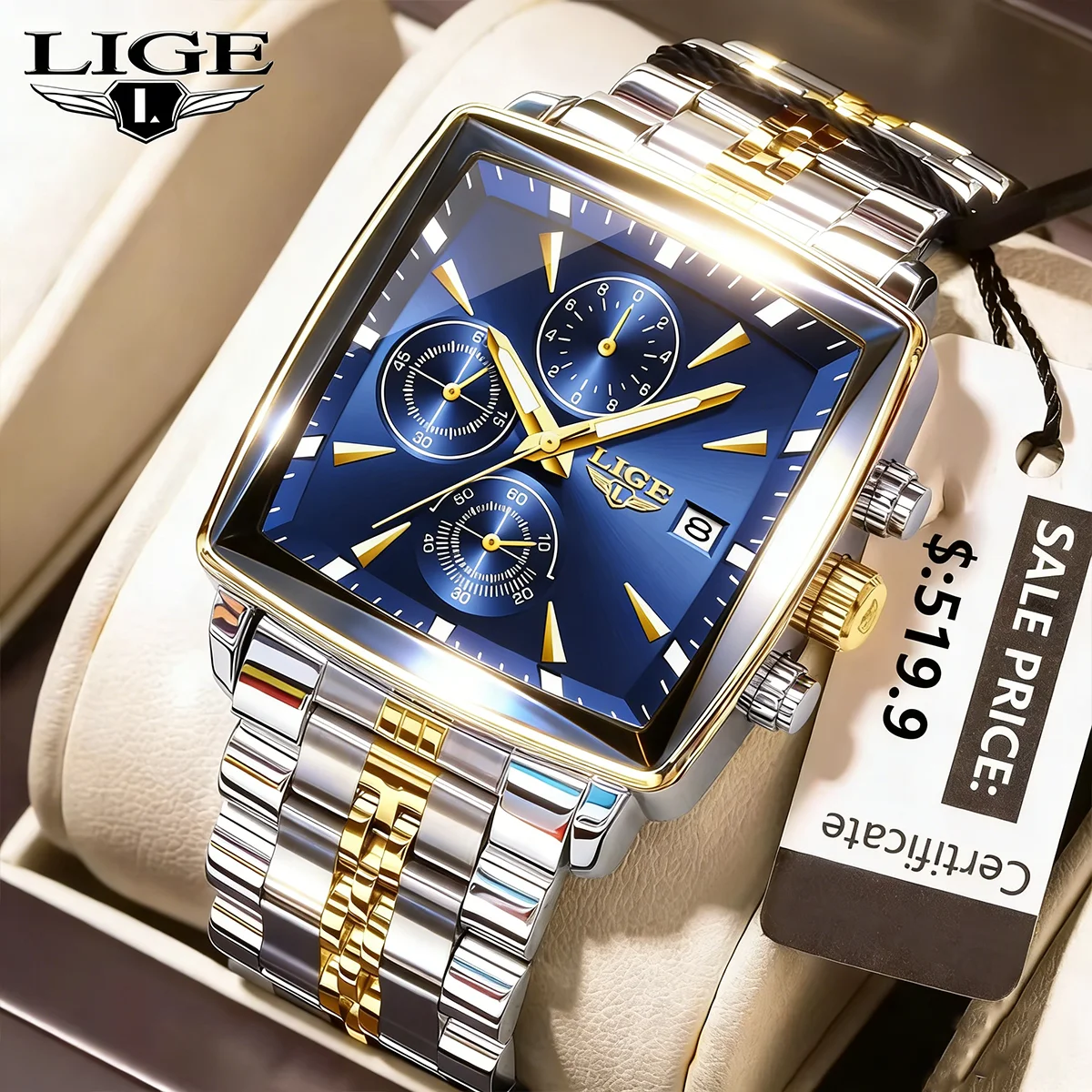 

LIGE квадратные мужские часы водостойкий светящийся хронограф модные мужские наручные часы роскошные кварцевые мужские часы из нержавеющей стали + коробка