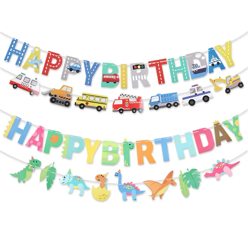 

Happy Birthday Paper Banner Cartoon Dinosaur Car Engineering Vehicle Hanging Garland Flags Kids Birthday Party DIY Decoration