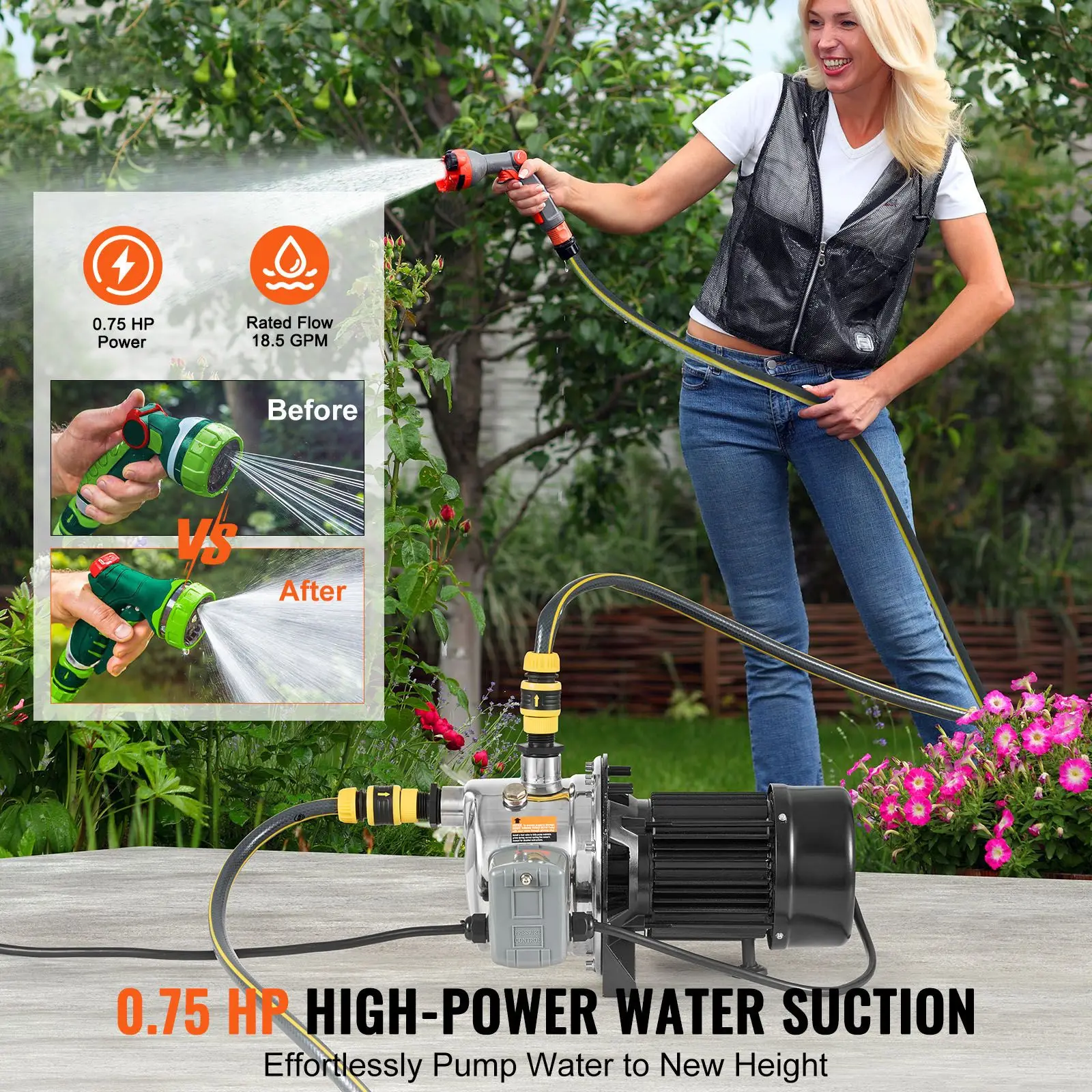 3/4HP SUS304 Stainless Steel Shallow Well Jet Pump, 115 Volt, 18.5 GPM 131 FT Maximum Head Irrigation Water, for Agricultural