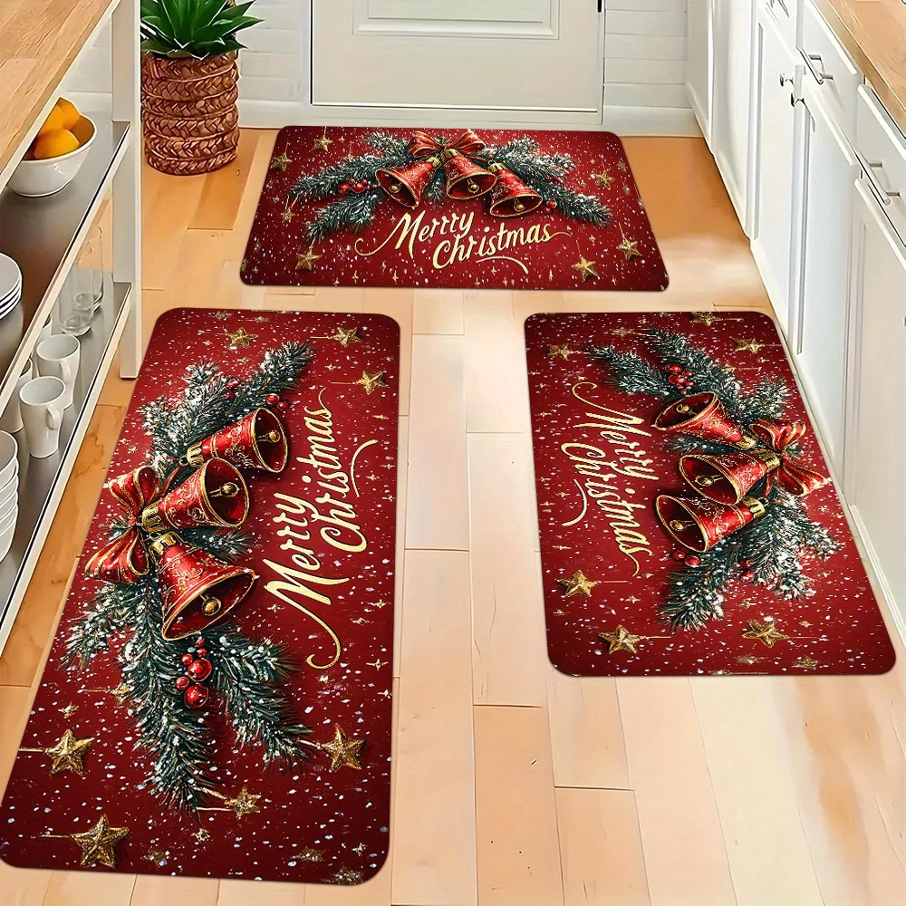 Christmas Kitchen Rugs Set Snowman Santa Xmas Print Non Slip Mat 1/2/3Pcs Options Washable Holiday Home Floor Decor