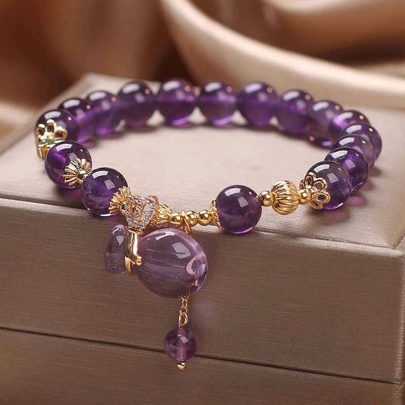 Fashion Natural Amethyst Bracelet Women's Advanced Money Bag Pendant Bead Striand Bracelets Business Wedding Party Jewelry Gifts