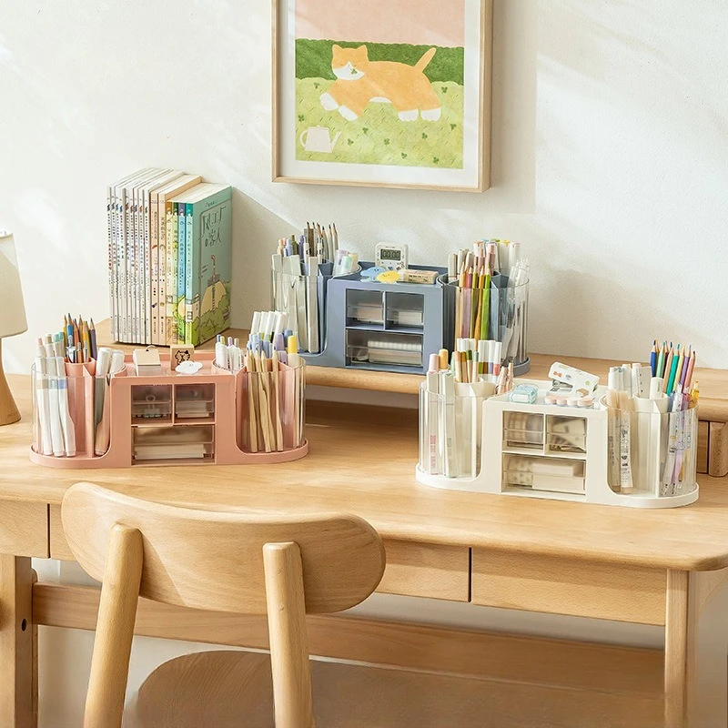 

Пластиковый двойной вращающийся прозрачный ящик для хранения ручек, студенческий настольный высококачественный держатель для ручек