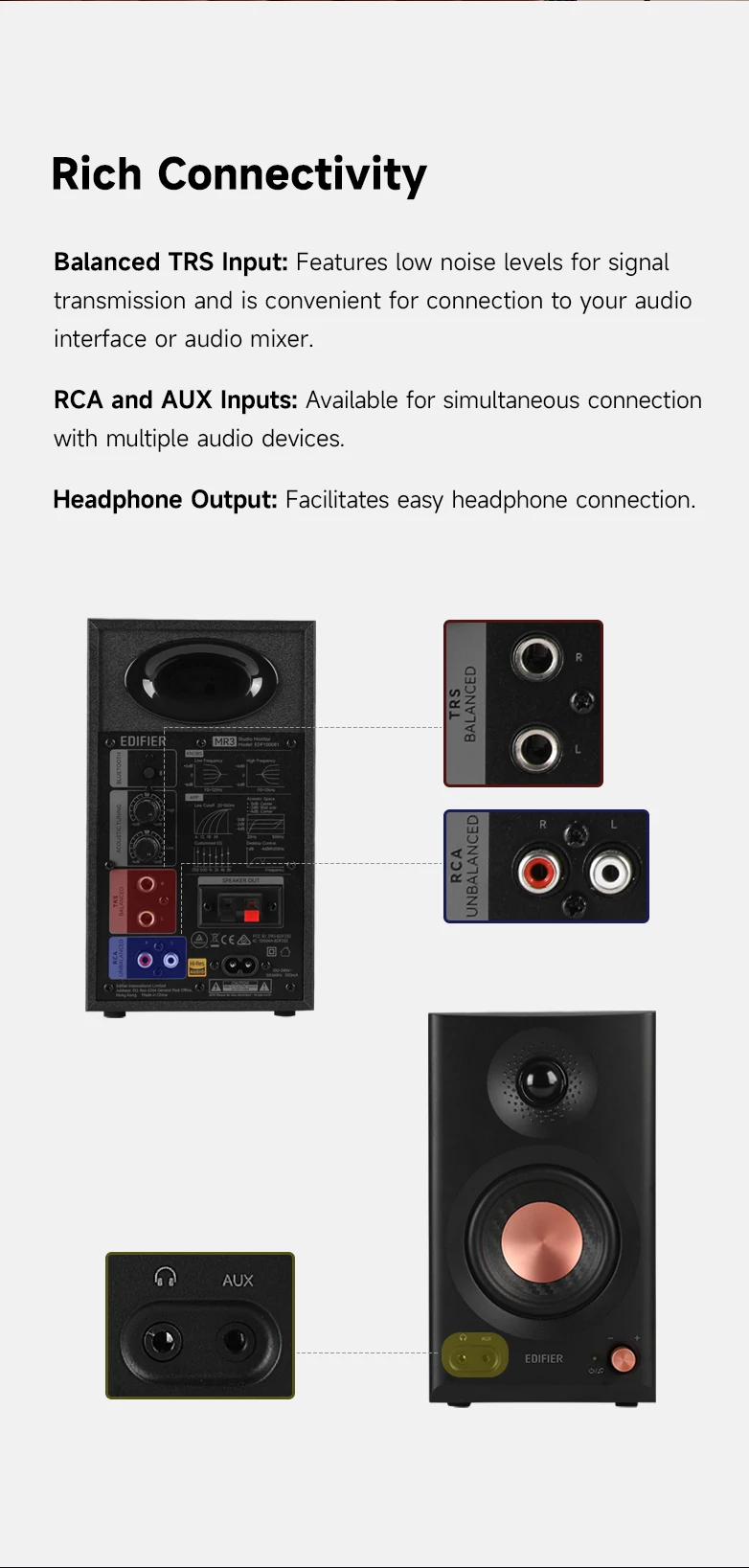 EDIFIER MR3 2.0 Studio-Monitorlautsprecher Hi-Res Audio Zertifiziert 18Wx2 RMS Bluetooth 5.4 Symmetrischer TRS RCA AUX Kopfhörerausgang ConneX App Raumkompensation – Detail 9