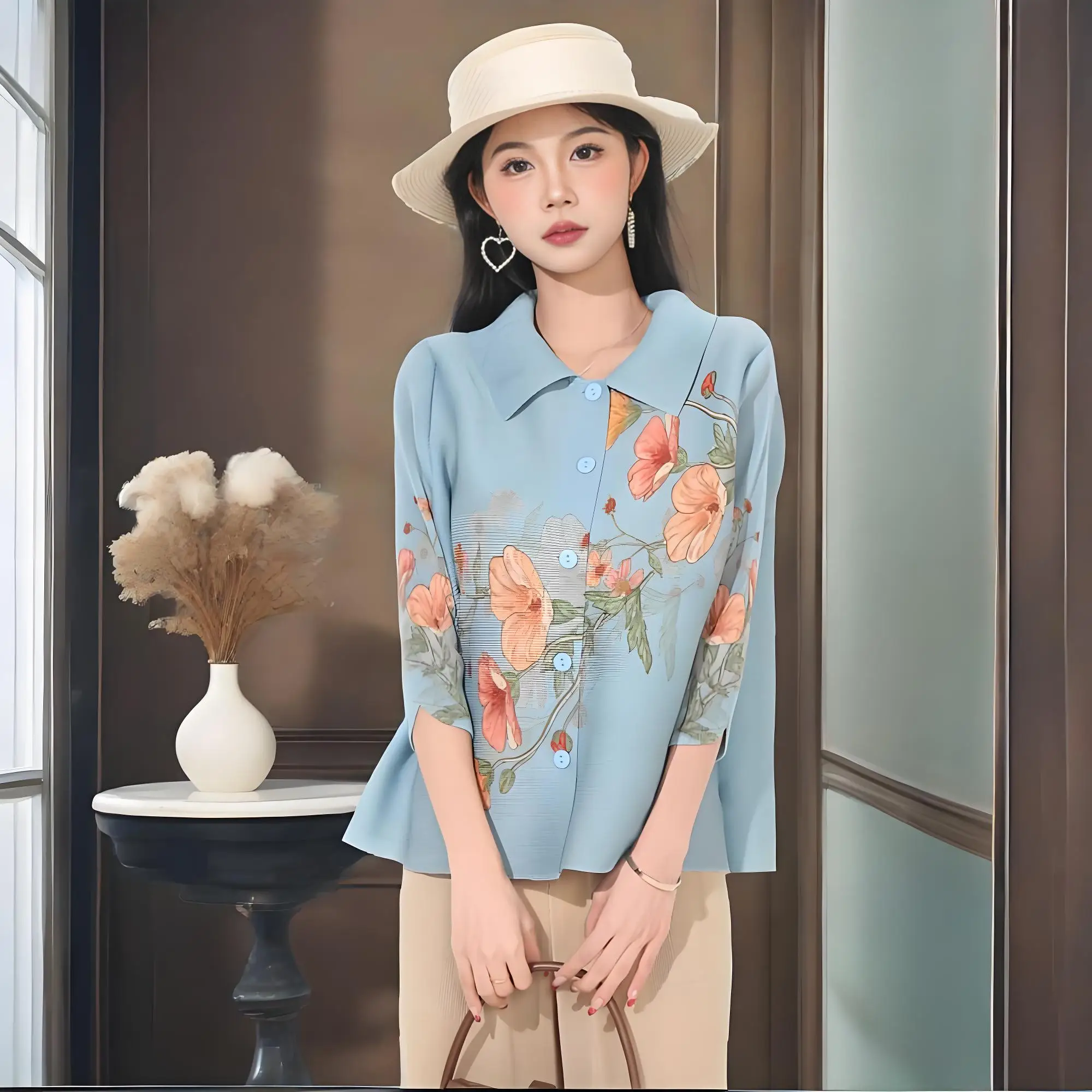 

Miyake's New Top, Spring and Autumn Fashion High-end Lapel, Foreign Style Age-reducing Loose Large-size Breasted Cardigan Shirt