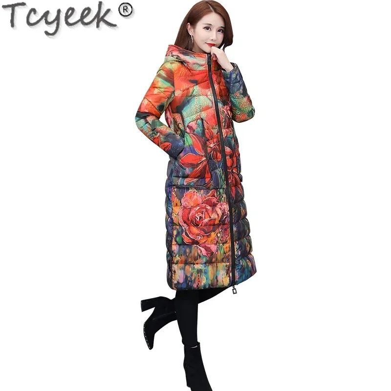 Tcyeek Large Size 6XL Women's Down Jacket Female Winter Coat women Clothes 2022 Long Floral Parkas Hooded Ladies Overcoat Hiver