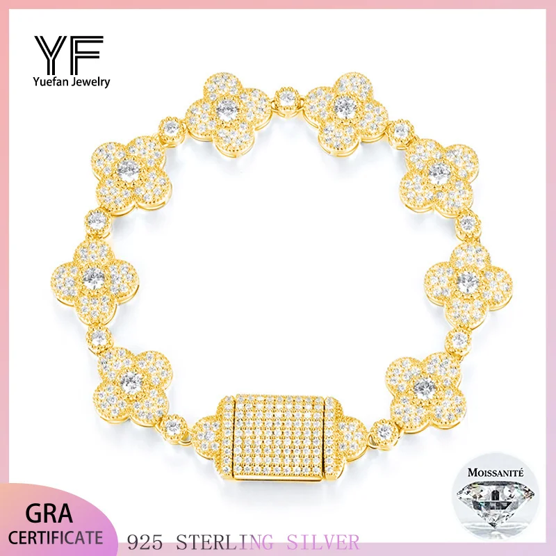 

Серебряный браслет S925 с цветком муассанита, полностью бриллиантовое покрытие из 18-каратного золота, сексуальные украшения в стиле хип-хоп D-цвета VVS, персонализированные