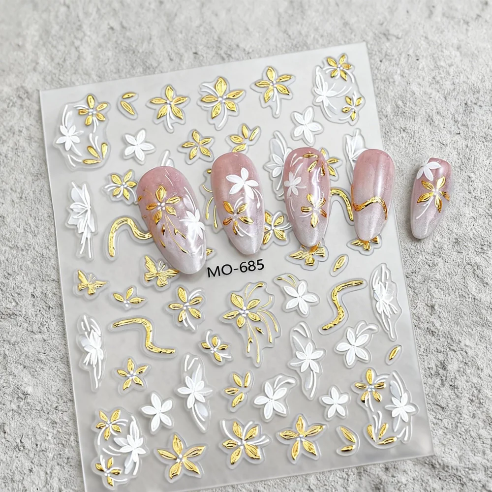 1Pcs 5D Embossed Luxury White Gold Floral Nail Stickers Retro Five-petal Flowers Nail Art Decals Spring/Summer Nail Decorations