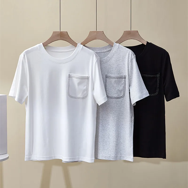 

Summer New B*C Top Round Neck Casual All-match Pocket Chain Cotton Short-sleeved T-shirt