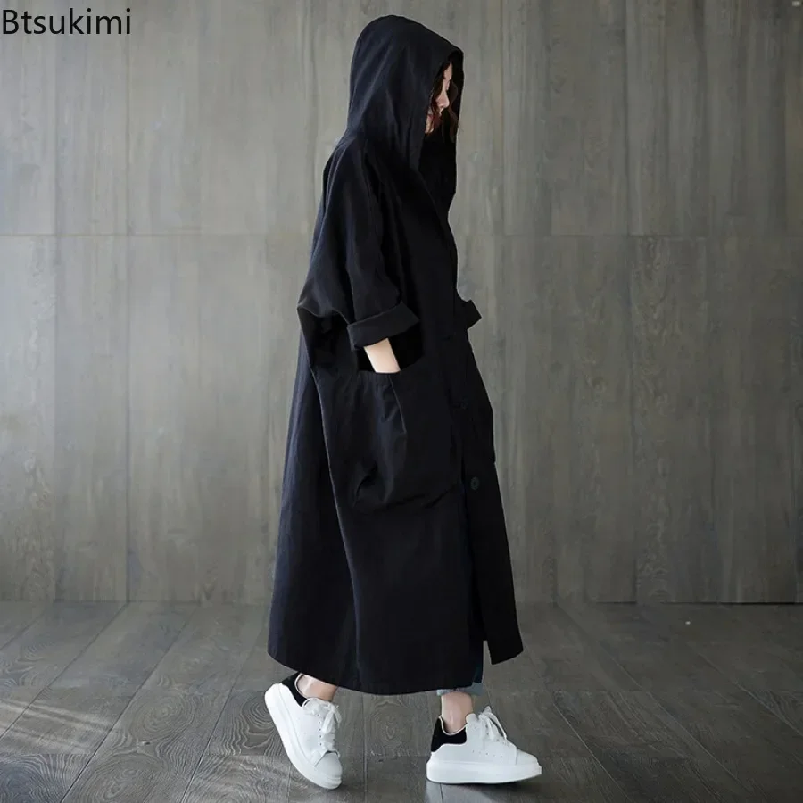 Nieuwe 2023 Dames Trenchcoats Met Capuchon Effen Losse Single-Breasted Lange Jas Voor Dagelijks Dragen Vrouwen Windjack Casual Bovenkleding