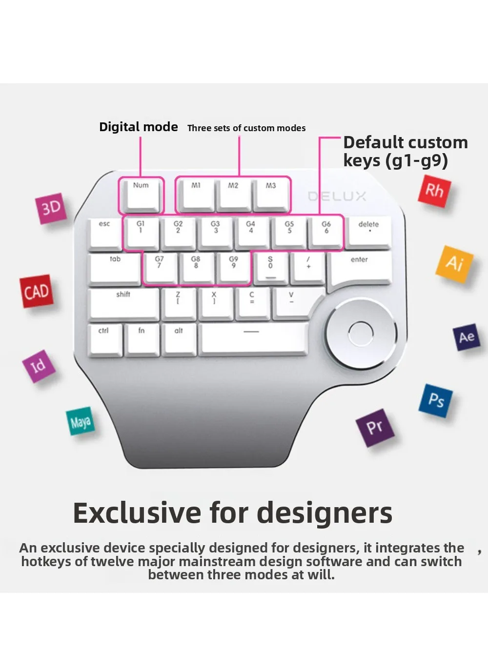 DeLUX T11 Designer Keypad Wired Mechanical Keyboard Programmable Macro Pad with Smart Knob for Photoshop Illustrator CAD