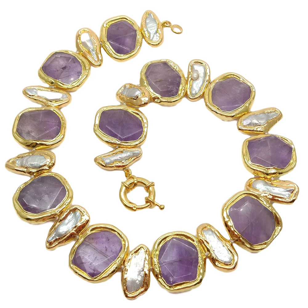 

19" Freshwater White Biwa Pearl Purple Amethyst choker Necklace