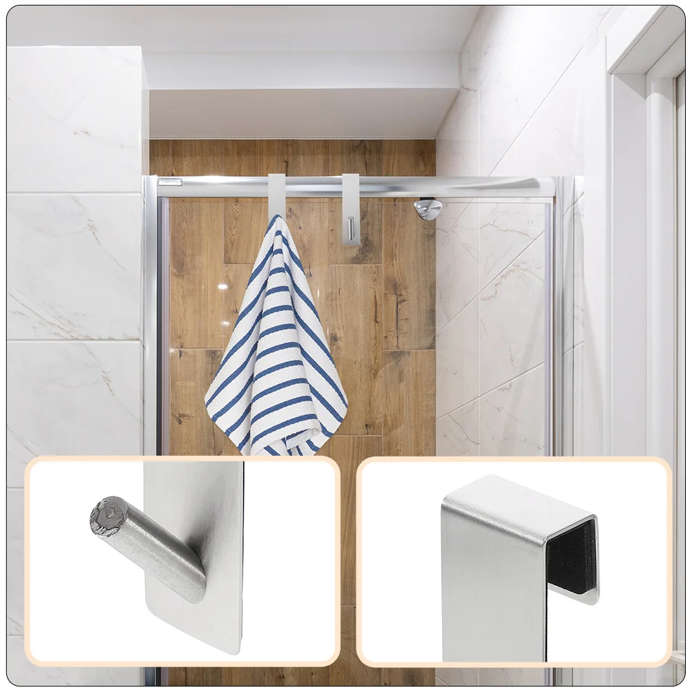 

2 Pcs Punch Free Hooks Silver Stainless Steel Bathroom Door Hangers Coat Rack Wall Mount Glass Compatible Space Saving