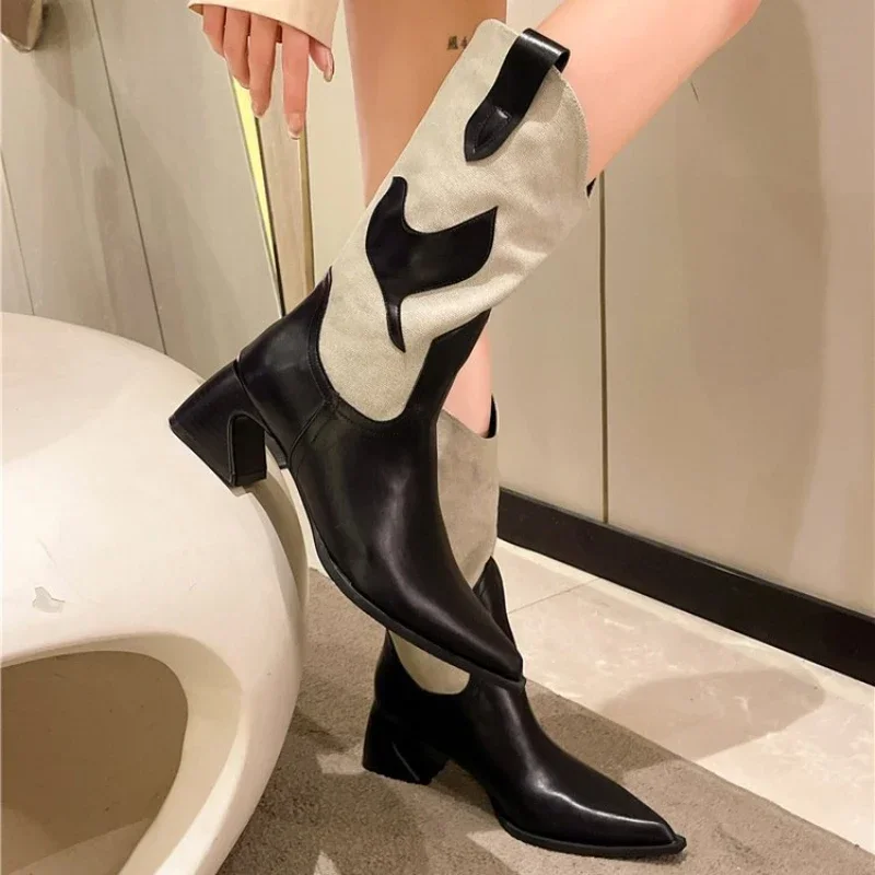 Splice Western Women\'s Cowboy Boots 2024 New Fall Winter Fashion Pointed Toe Chunky Heels Knight Boots Gladiator Cossacks Shoes