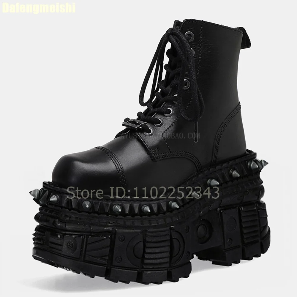 

Ботинки на платформе из натуральной кожи, на танкетке, с заклепками, на шнуровке, в стиле мотоциклетных ботинок, унисекс, в стиле дарк-панк, металлические, черные, с увеличенной высотой подошвы