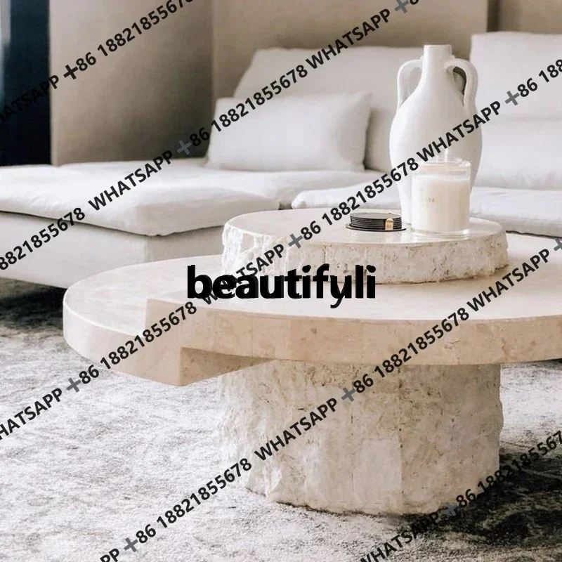 xqqCream wind tunnel stone coffee table creative round wabi-sabi wind living room home light luxury high sense