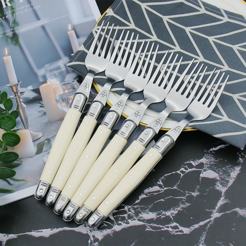 4/6/24pcs Ivory White Silverware Laguiole Stainless Steel Steak Knives Table Forks Dinner Spoons Dessert Teaspoon Xmas Cutlery