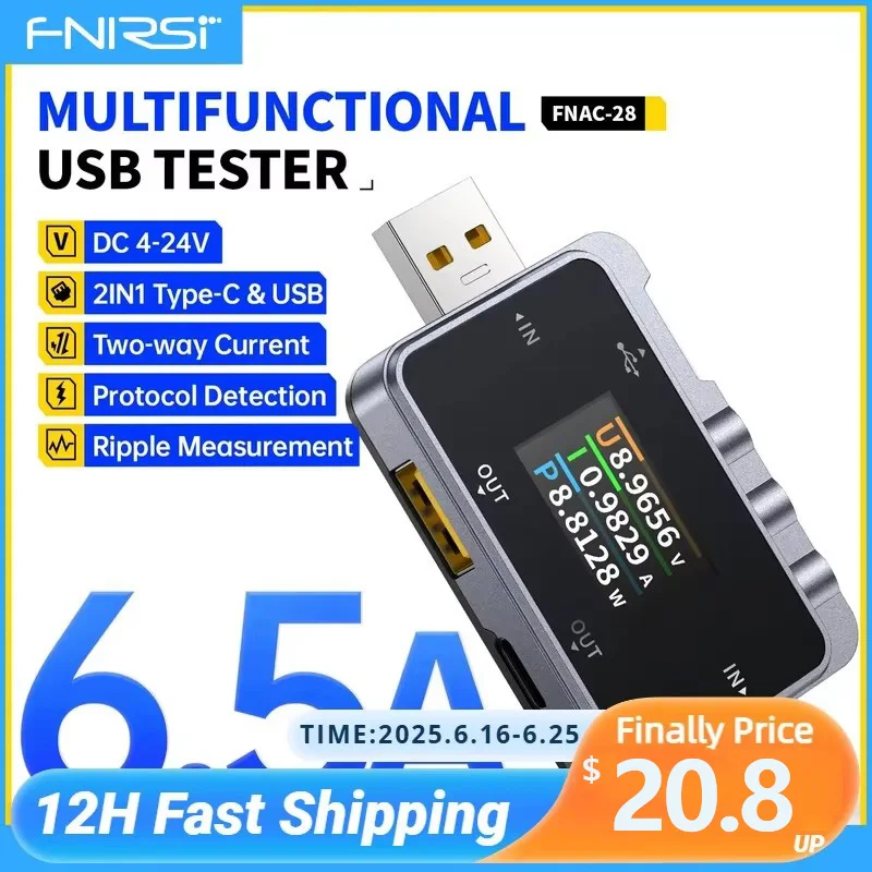 

FNIRSI FNAC-28 2 в 1, USB-тестер типа C, 6,5 А, цифровой вольтметр, измеритель тока, амперметр, тестер напряжения и тока, кабель, зарядное устройство, тест