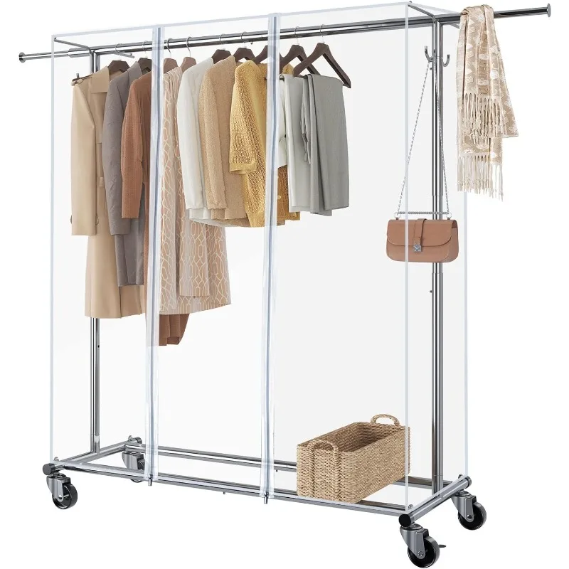 

Clothes Rack with Cover, Adjustable Garment Rack with Wheels, Heavy Duty Clothing Rack with Extendable Hanging Rail