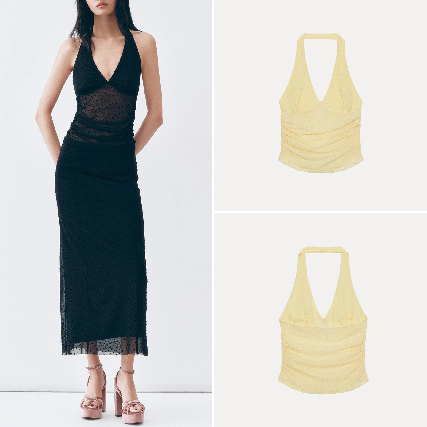Women's Fashionable Semi-Transparent Thin Gauze Pleated Hanging Neckline Top Summer 2026 ZADATA Slim Fit Outerwear without Ch...