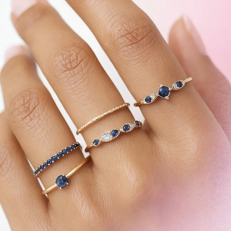 مجموعة جديدة من خمس قطع من الخواتم النسائية، عصرية وفاخرة، مع الزركون الأزرق وإكسسوارات متعددة الاستخدامات