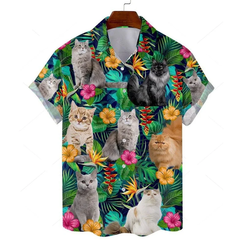 3d Printed Cartoon Animal Cat Hawaiian Shirt Men Summer Vacation Button Down Lapel Shirts Tropical Plants Short Sleeve Blouse