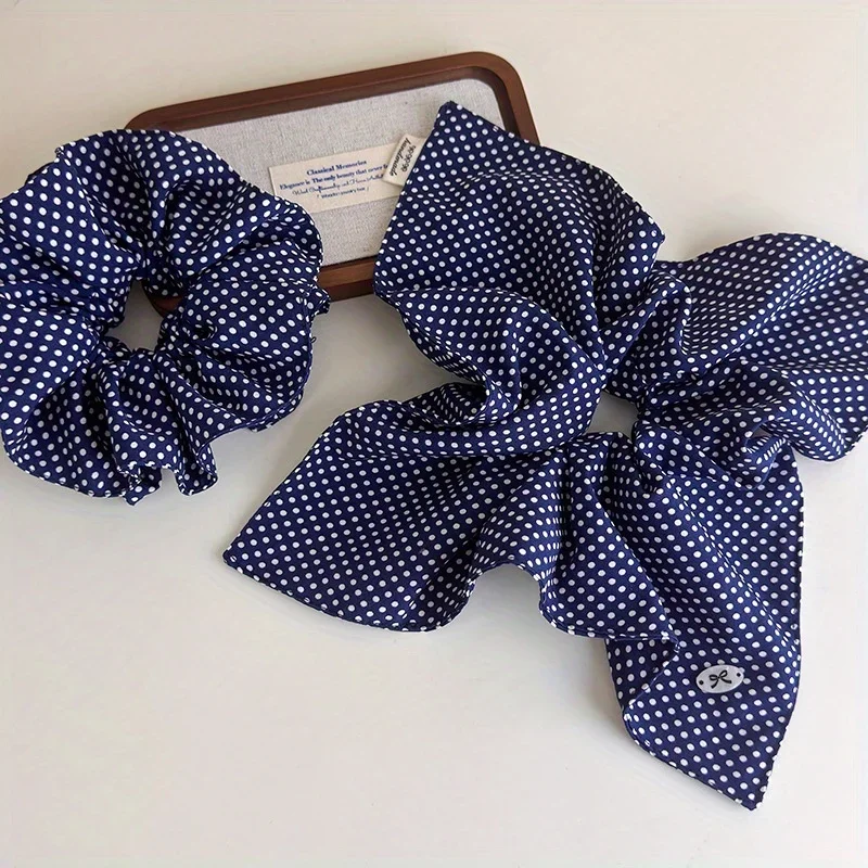 Navy Blue Polka Dot Large Loop Scarf Fashionable Elegant Sweet Hairband with Bowknot Buttons Headband Hair Accessory Hair Tie