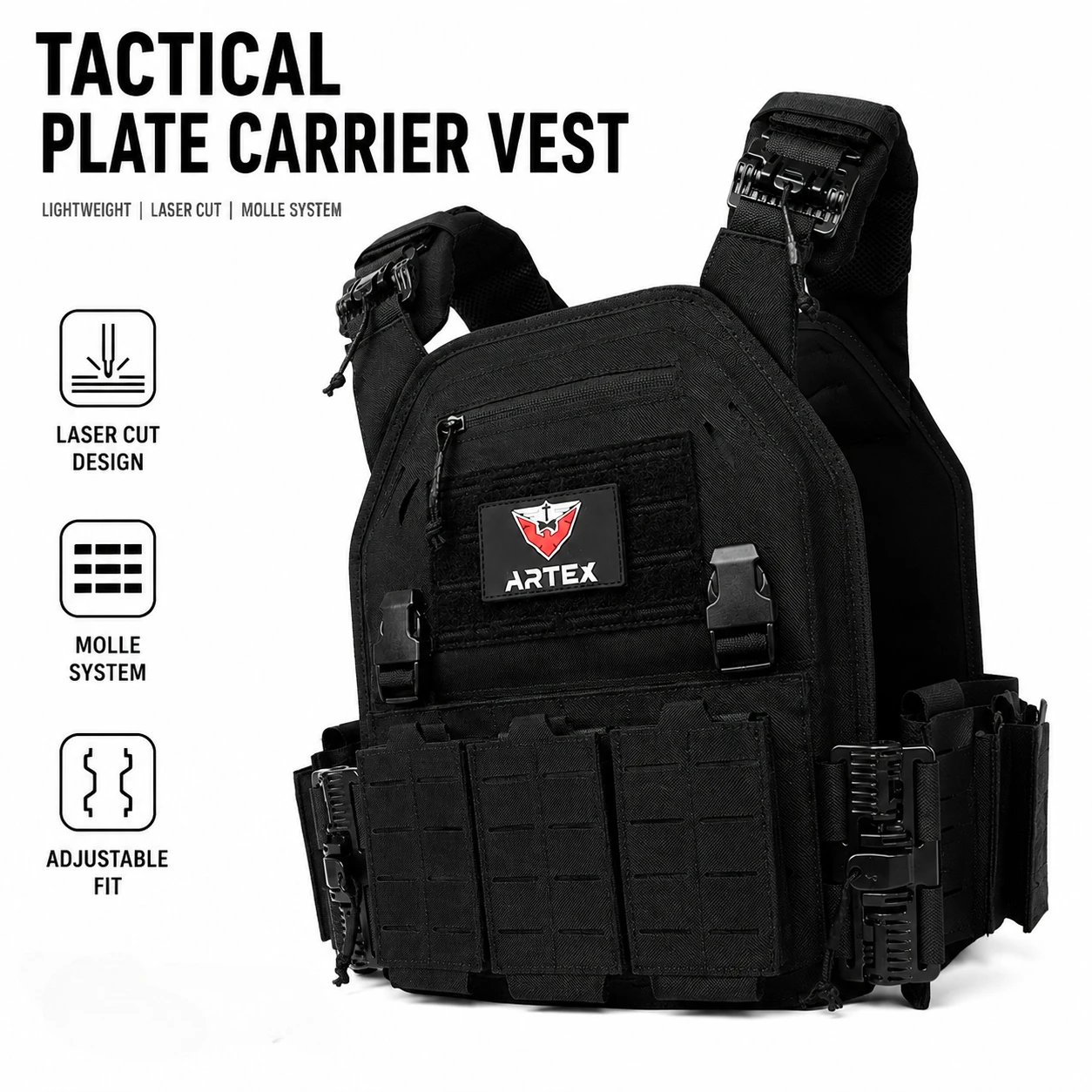 ARTEX Black MOLLE Vest Lightweight Outdoor Utility Vest Laser Cut Gear for Cycling Hiking Riding Equipment