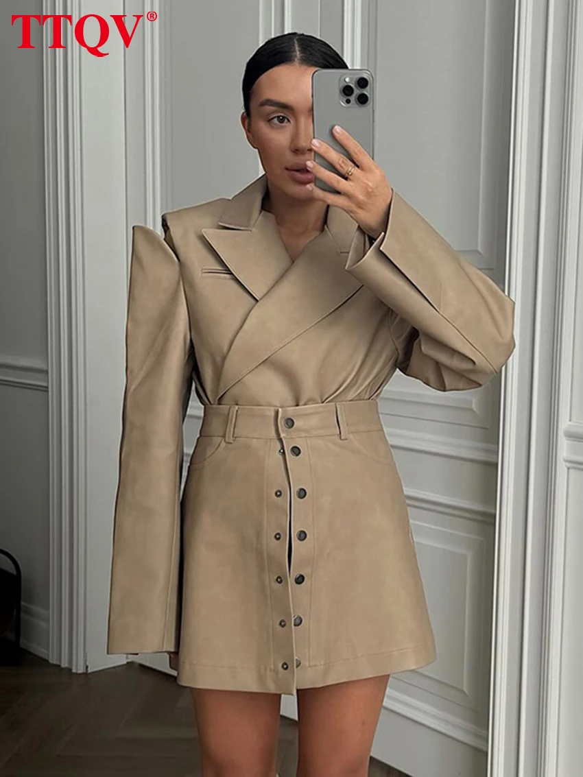 

TTQV Fashion Loose Khaki Office Women's Two Pieces Set 2025 Elegant Long Sleeve Blazer With High Waist Mini Skirt Set Female