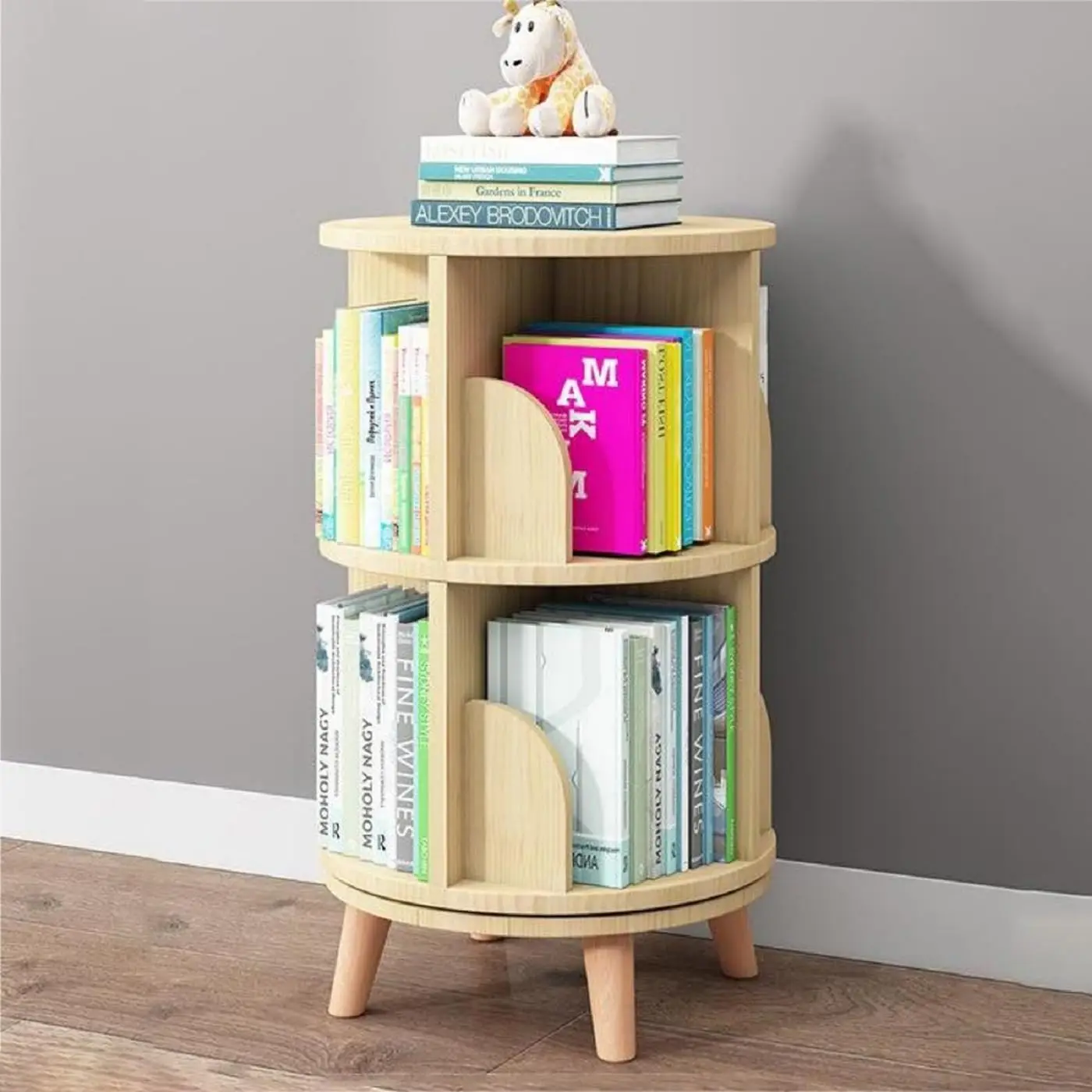 

2-Tier Rotating Bookshelf with 4 Legs, 360° Display Revolving Bookcase for Kids & Adults, Space-Saving Wood Storage