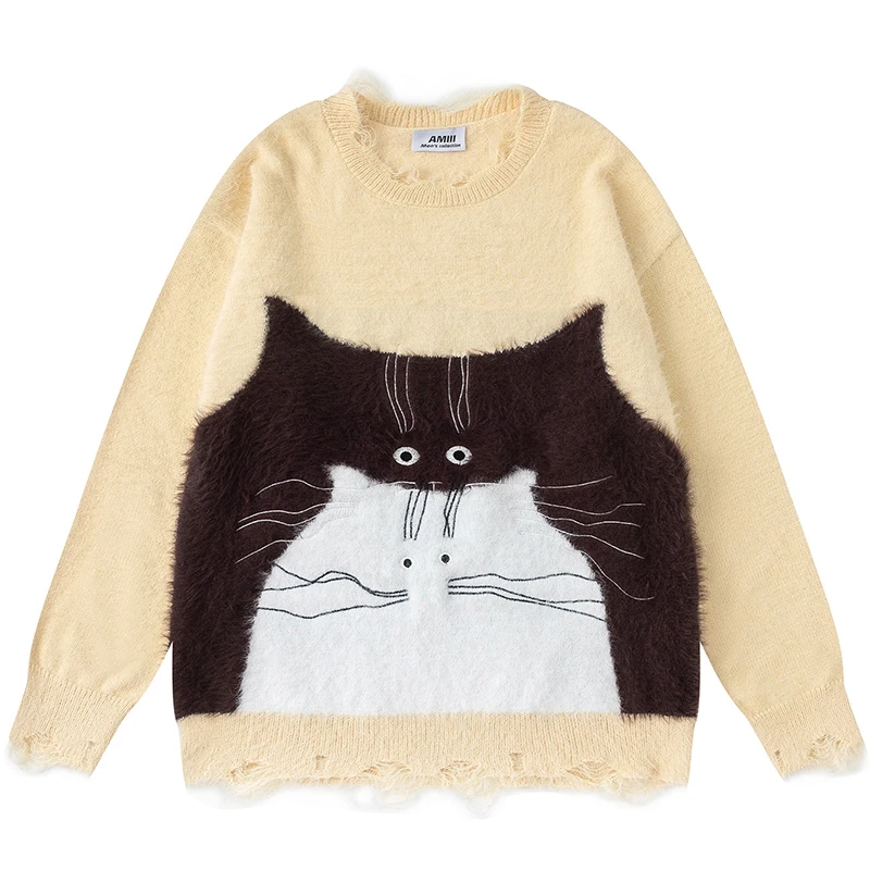 الخريف غامض متماسكة سترة لطيف الكرتون القط نمط البلوز فضفاض دافئ فروي البلوز 2025 الشتاء ملابس تريكو غير رسمية القمم الملابس