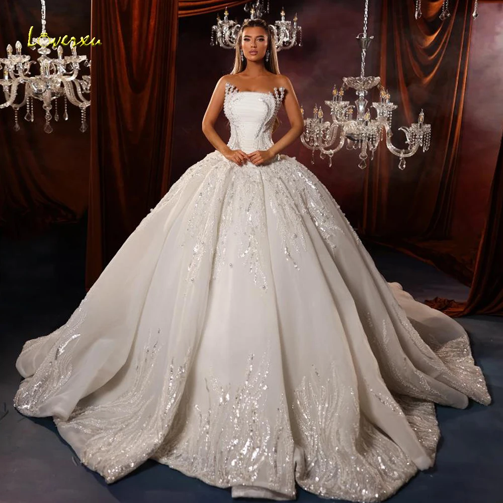 

Изысканное свадебное платье Loverxu Ball Gown без бретелек, кружевное, расшитое бисером и пайетками, блестящее, винтажное, на заказ