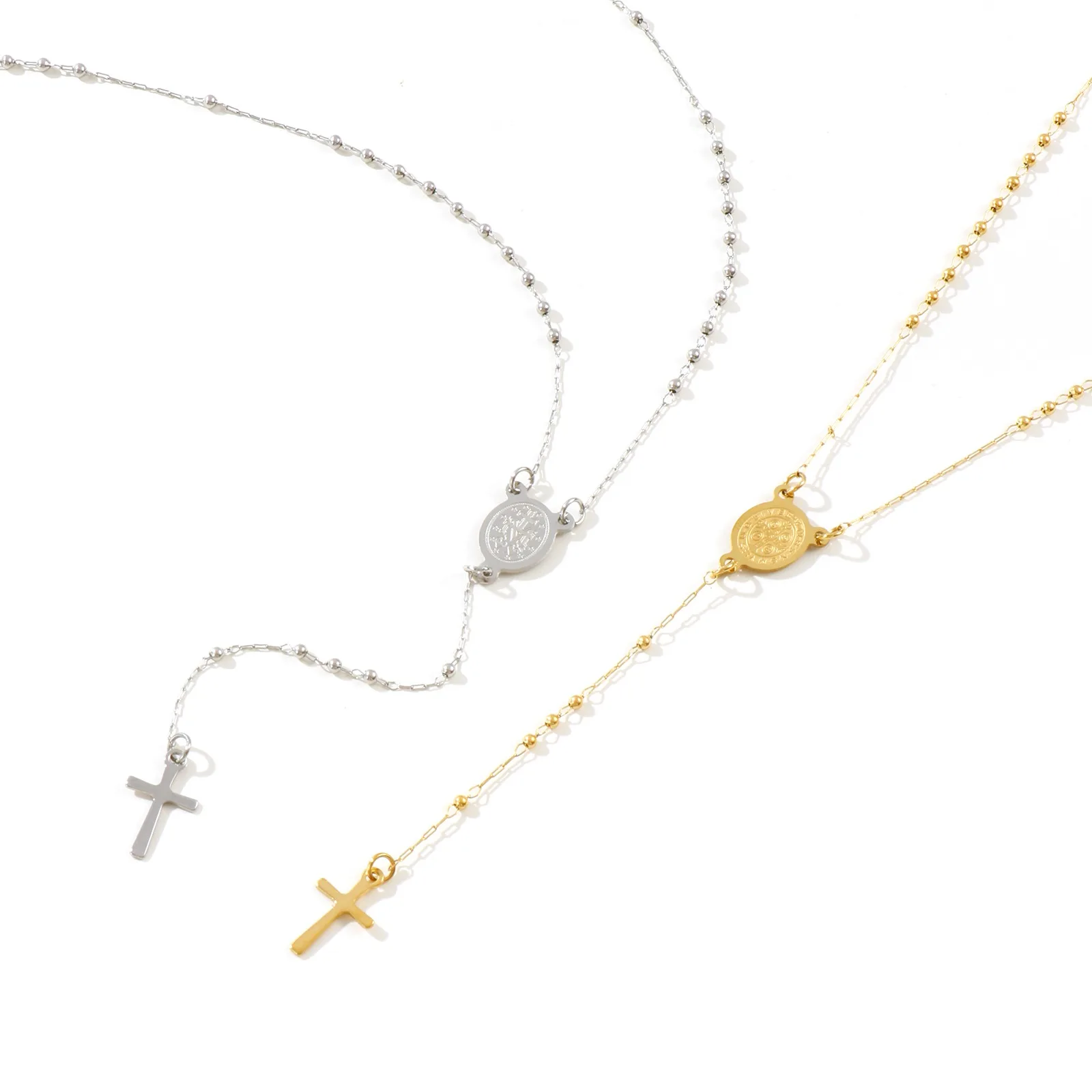 1pc Religiöse Edelstahl Halskette Mehrfarbige Perlen Kette Kreuz Gebetskette Rosenkranz Halskette Frauen Schmuck 53-66cm lang – Detail 2