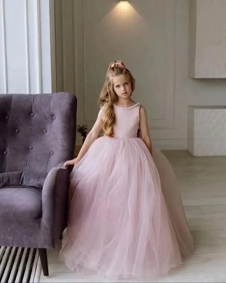 

Satin Tutu Bow Baby Girls Dresses for Party and Wedding Custom Girl Dress with Pearls Girl Wedding Dress Blush Flower Girl Dress