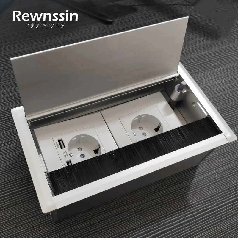 Desktop EU Socket Box Flip Aluminum Alloy Cable Box Hidden Wire Hole Covers Grommet Box Dust-Proof Brush,RJ45 Ports,USB Socket