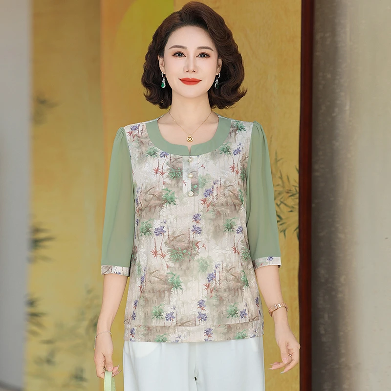 

Женские шифоновые блузки и рубашки в весенне-летнем стиле, повседневные, с круглым вырезом, с коротким рукавом, с принтом, топы